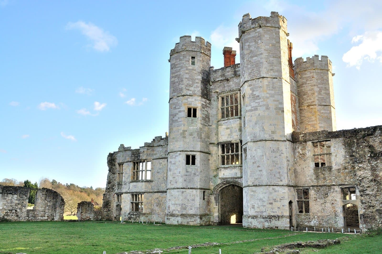 The towers and ruined walls of Titchfield Abbey (Place House) seen from the inner courtyard, Titchfield, Fareham